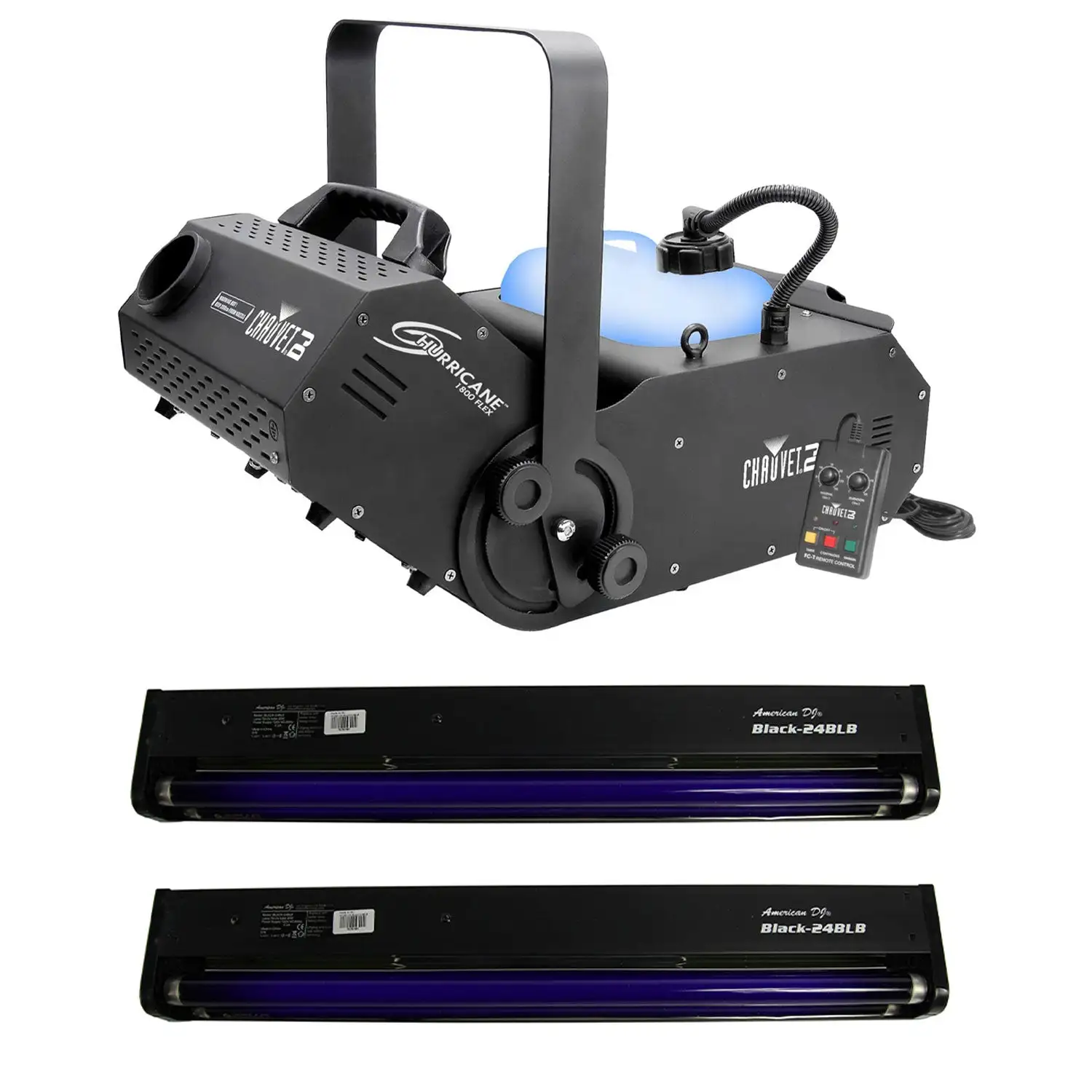 Chauvet DJ Hurricane 1800 FLEX DMX Fog Machine + 24 Inch Black Light (2 Pack)