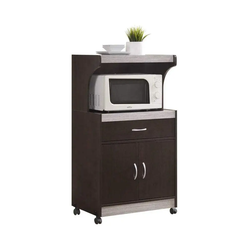 Hodedah Wheeled Microwave Cart with Drawer and Cabinet Storage, Chocolate Grey