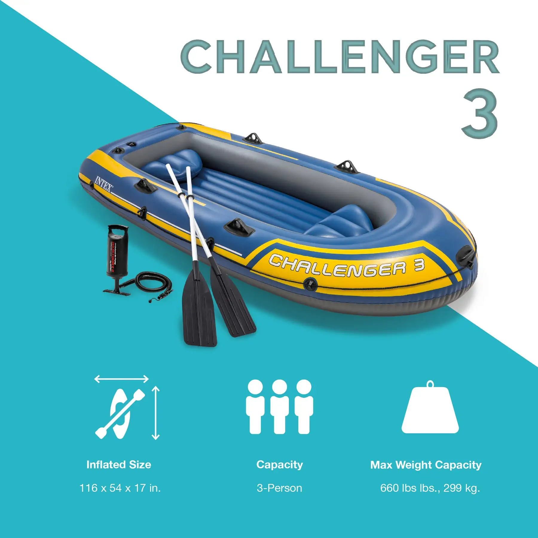 Intex 68370EP Challenger 3 Inflatable Raft Boat Set With Pump And Oars ...