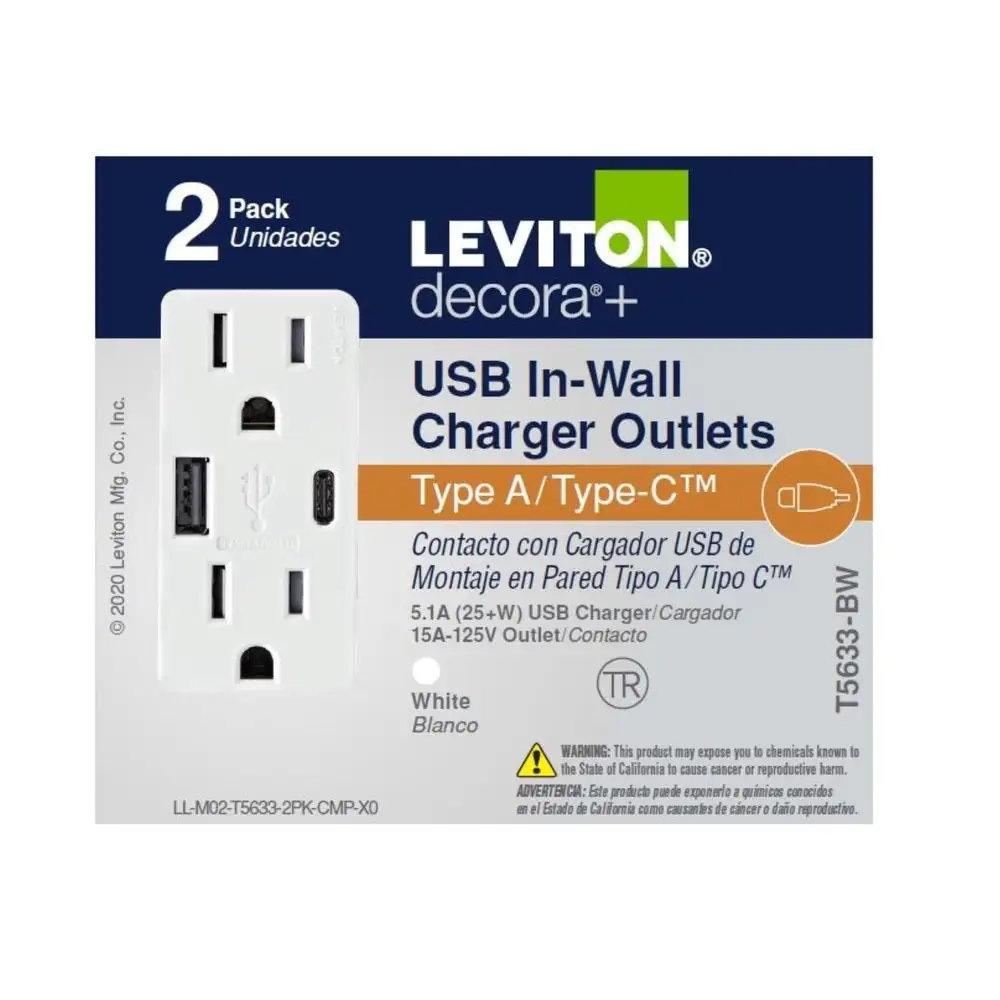 Leviton T5633-0WM 15 amps Duplex Outlet and USB Charger