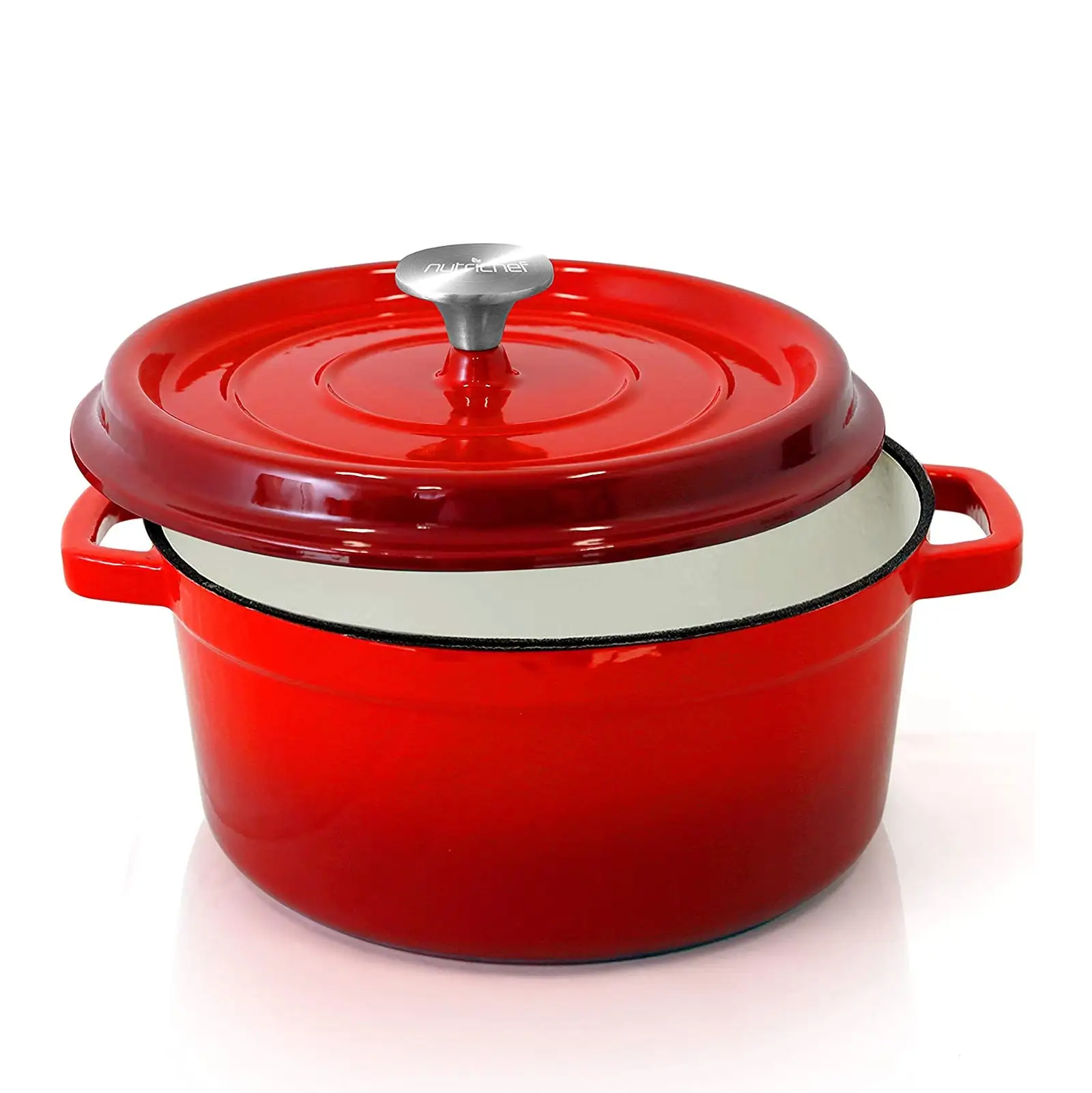 NutriChef 5 Quart Enameled Round Cast Iron Dutch Oven with Self Basting Lid, Red