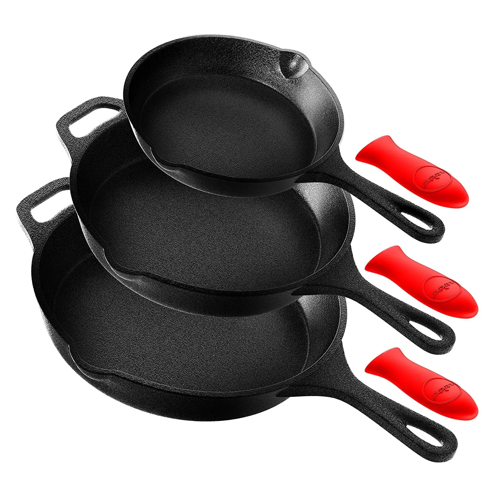 NutriChef Non Stick Pre Seasoned Cast Iron Skillet Frying Pan, 3 Piece Set