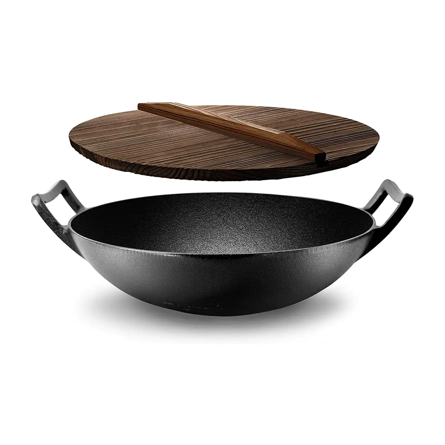 NutriChef Pre Seasoned Cooking Wok Cast Iron Stir Fry Pan with Wooden Lid, Black