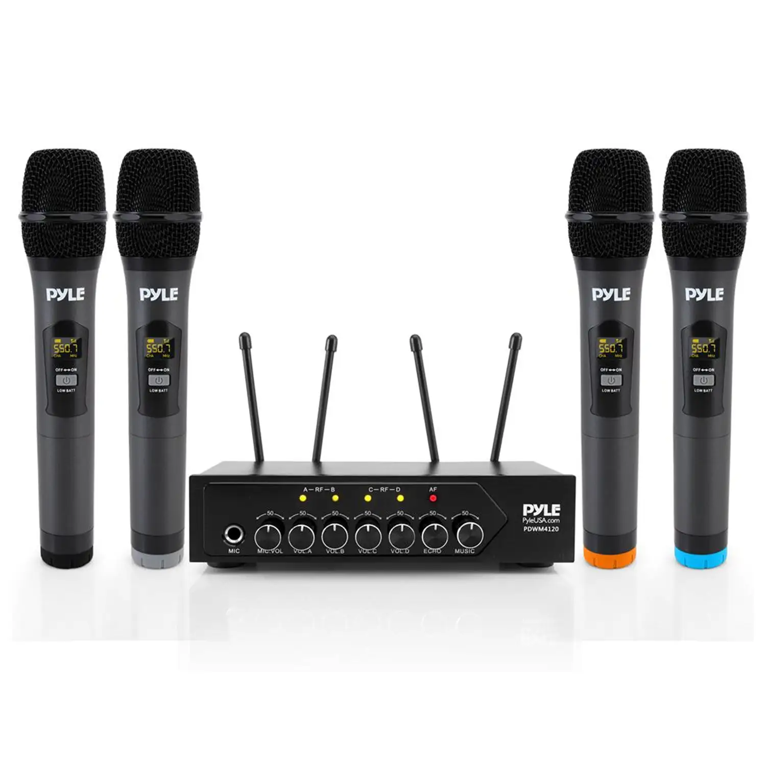 Pyle Wireless Microphone System Set w/ Bluetooth Receiver Base & 4 Handheld Mics