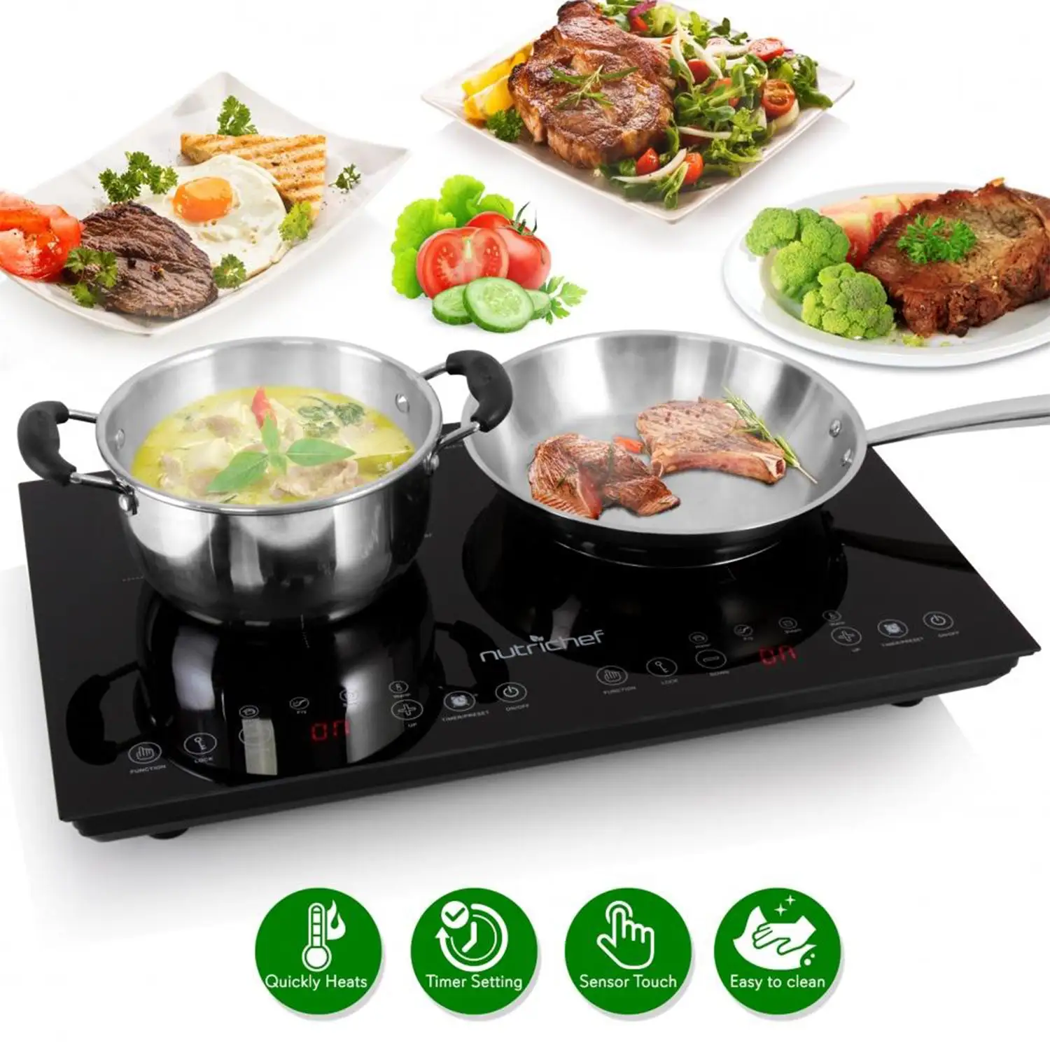 NutriChef 1800W Dual Induction Digital Temp Double Burner Countertop Cooktop