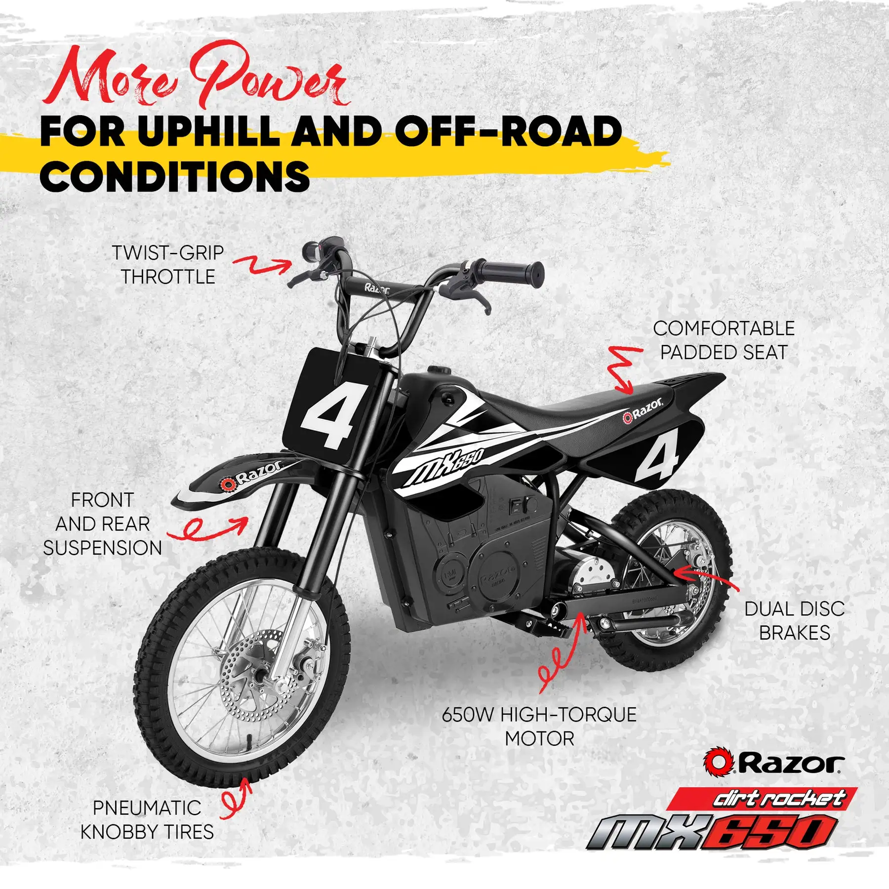 Razor MX650 Dirt Rocket Electric Motocross Dirt Bike, 17 MPH, Black ...