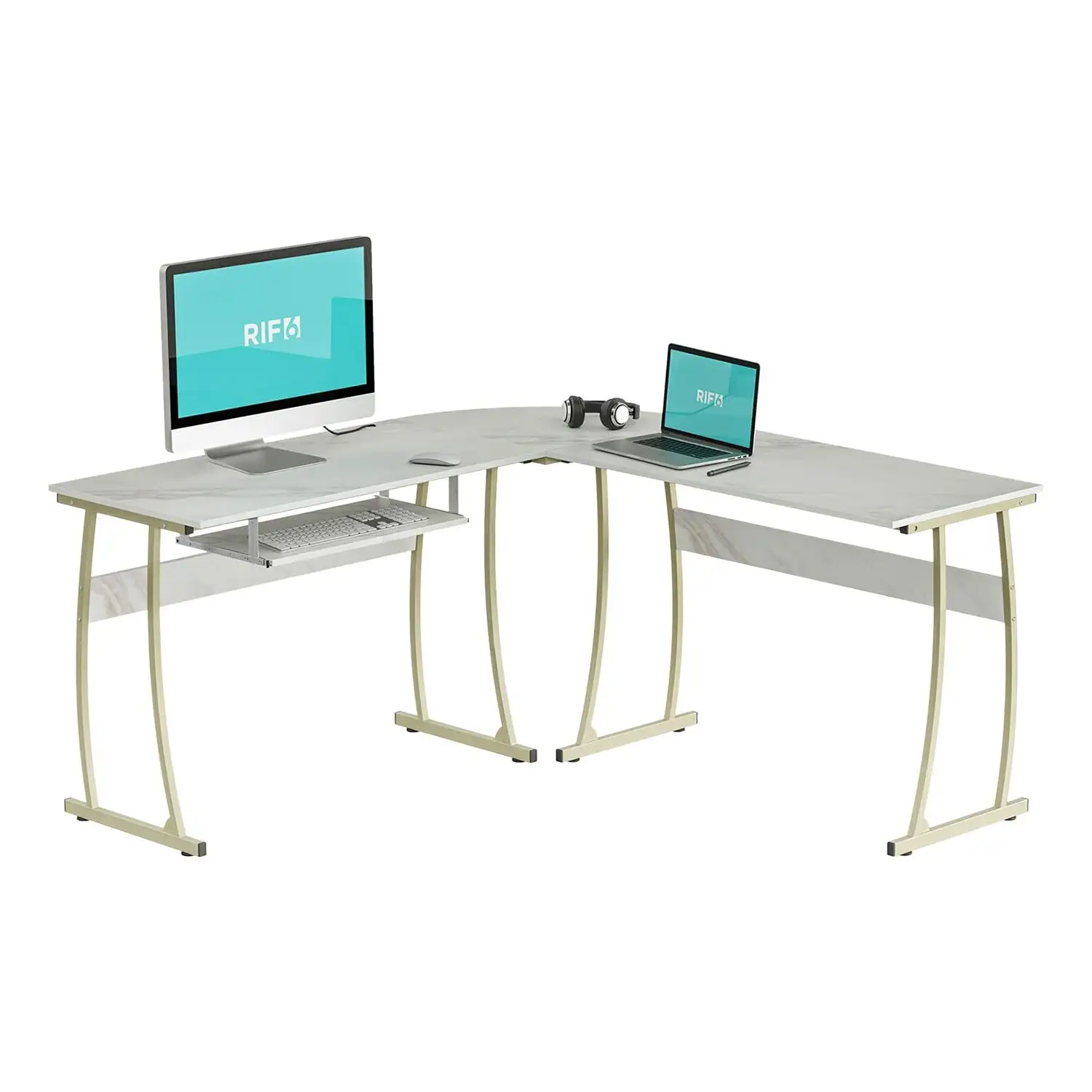 RIF6 L Shaped Modern Computer Office Desk w/ Keyboard Tray, Easy Assembly, White