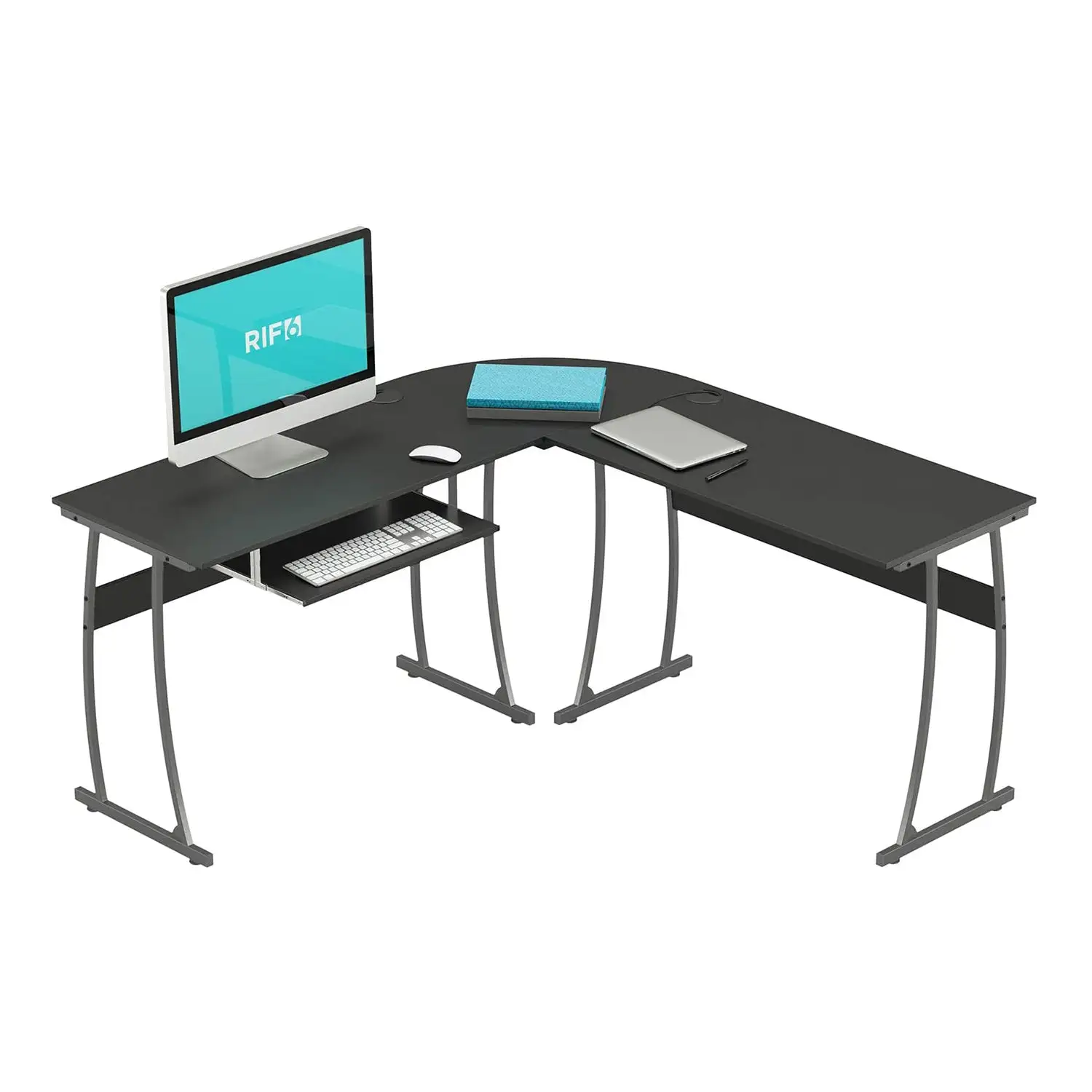 RIF6 L Shaped Modern Computer Office Desk w/ Keyboard Tray, Easy Assembly, Black