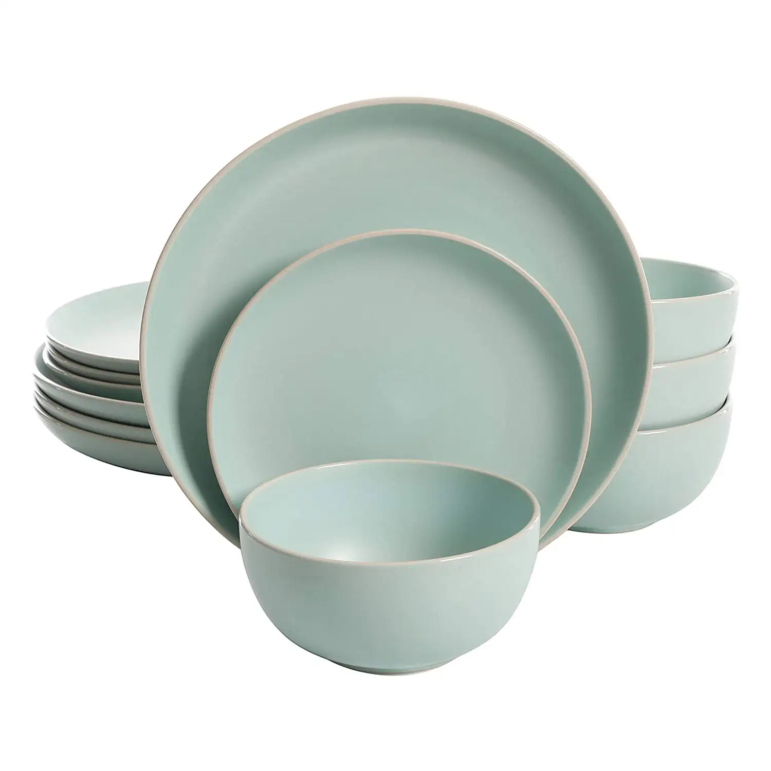 Gibson Rockaway 12 Piece Stoneware Dinnerware Set, Plates & Bowls, Matte Teal