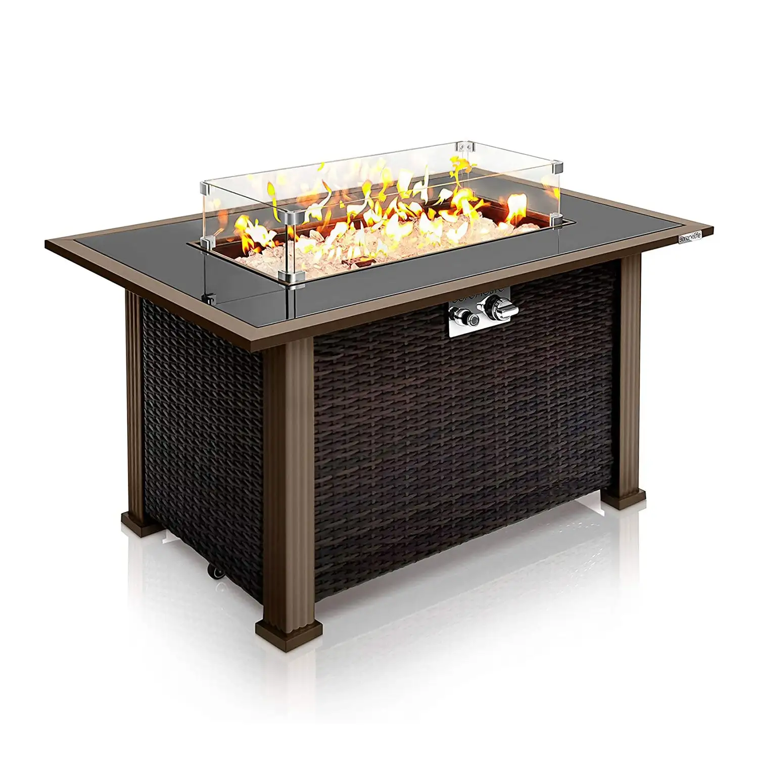 Serenelife Outdoor Rattan Patio Propane Fire Pit Table with Glass Guard, Black