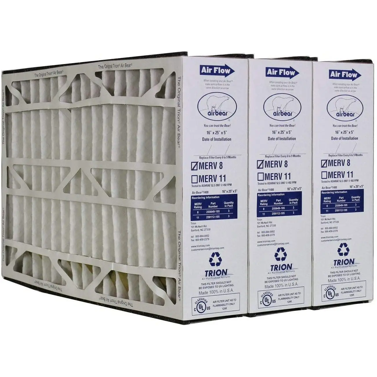 Trion 255649-105 Air Bear 16 x 25 x 5 Inch MERV 8 Air Purifier Filter (3 Pack)