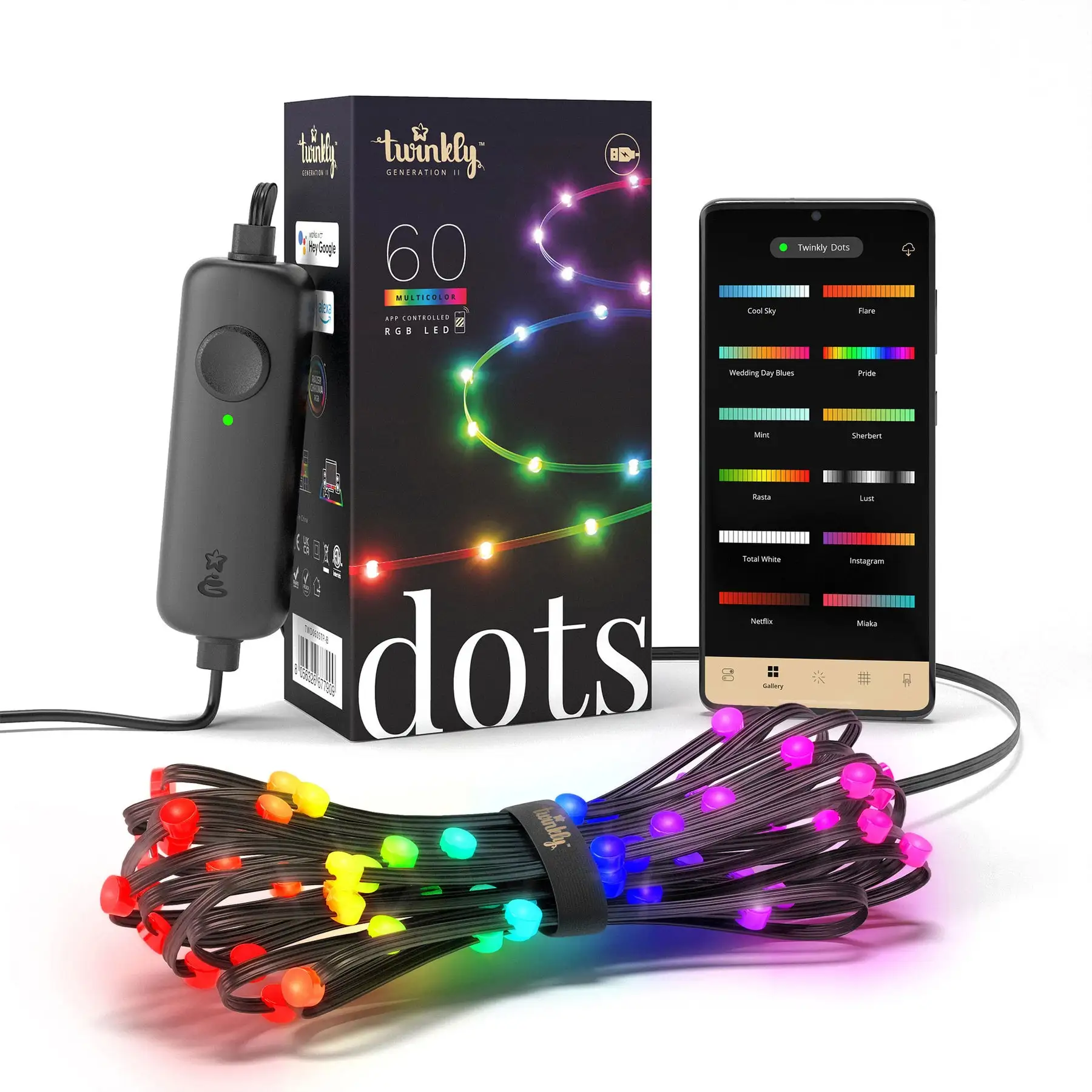 Twinkly Dots App-Controlled Flexible LED Lights 60 RGB Black Wire USB-Power