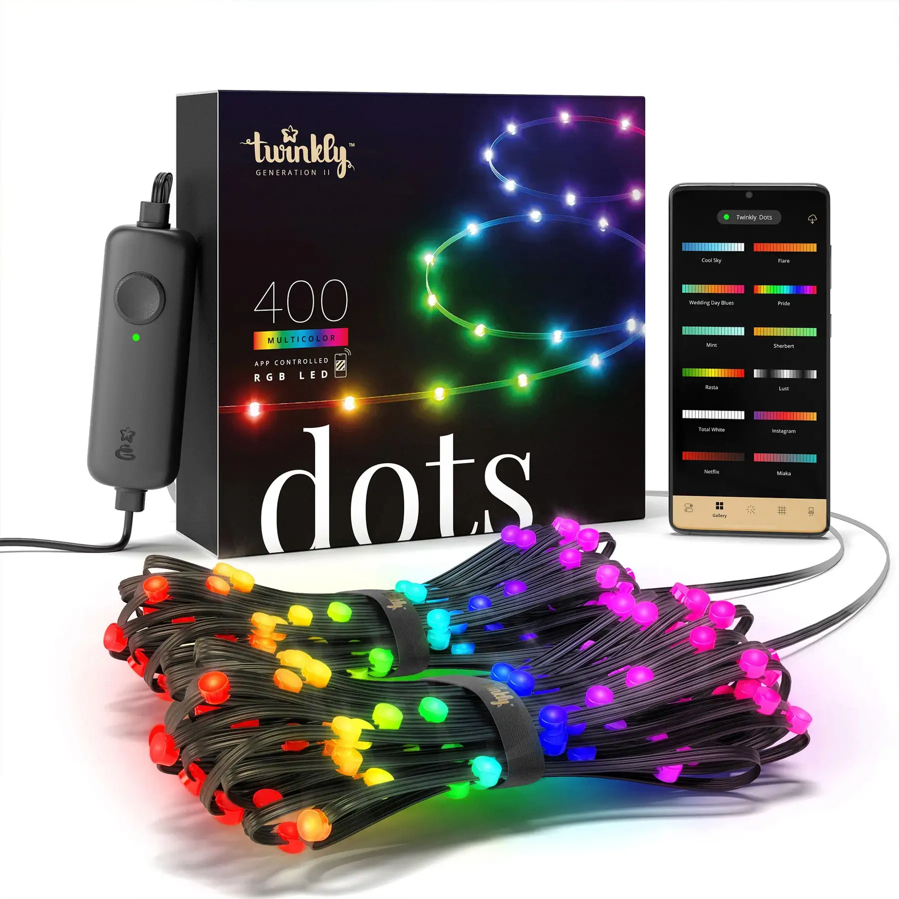 Twinkly Dots App-Controlled Flexible LED Lights 400 RGB Black Wire USB-Power